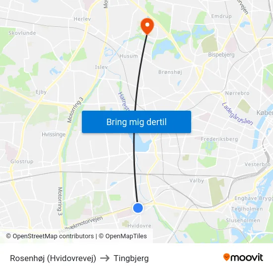 Rosenhøj (Hvidovrevej) to Tingbjerg map