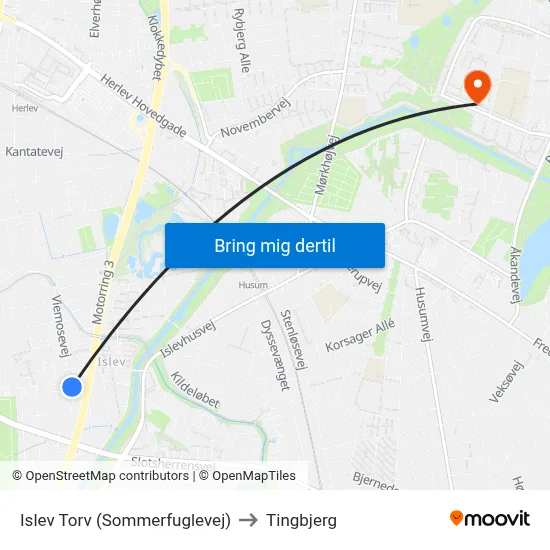 Islev Torv (Sommerfuglevej) to Tingbjerg map