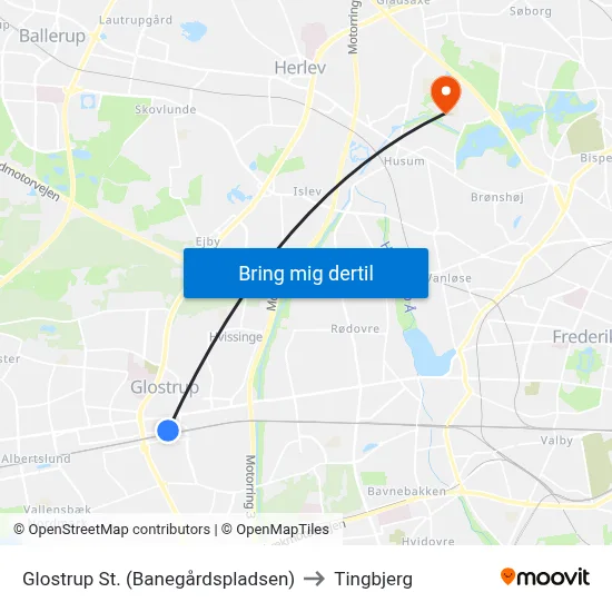 Glostrup St. (Banegårdspladsen) to Tingbjerg map