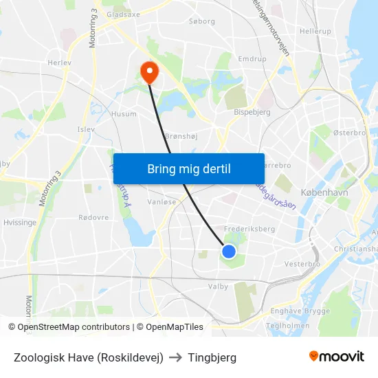 Zoologisk Have (Roskildevej) to Tingbjerg map