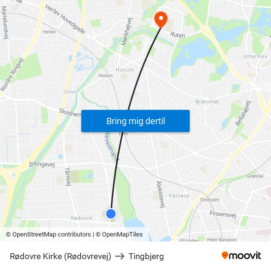 Rødovre Kirke (Rødovrevej) to Tingbjerg map