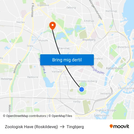 Zoologisk Have (Roskildevej) to Tingbjerg map