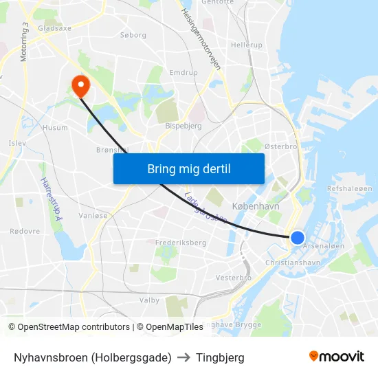 Nyhavnsbroen (Holbergsgade) to Tingbjerg map