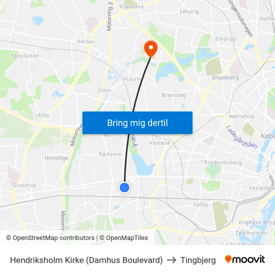 Hendriksholm Kirke (Damhus Boulevard) to Tingbjerg map