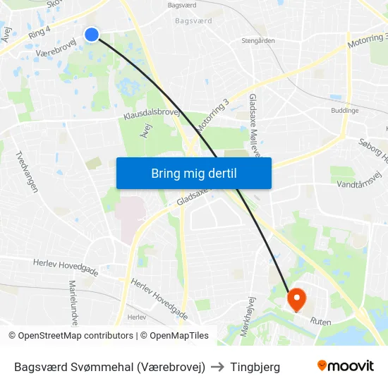 Bagsværd Svømmehal (Værebrovej) to Tingbjerg map