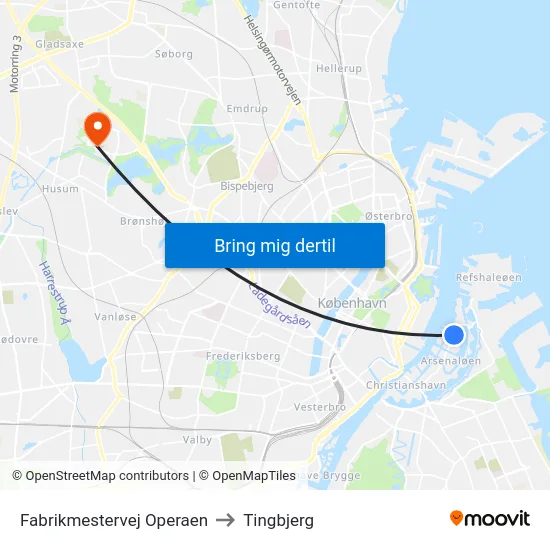 Fabrikmestervej Operaen to Tingbjerg map