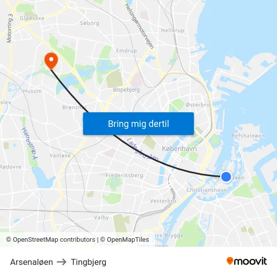 Arsenaløen to Tingbjerg map