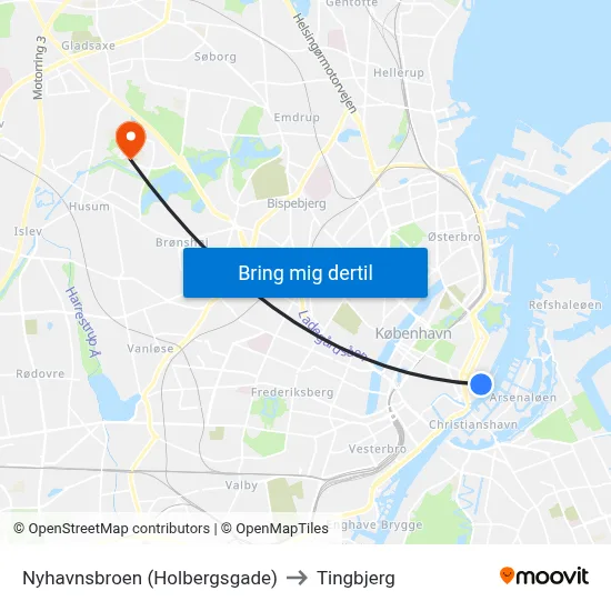 Nyhavnsbroen (Holbergsgade) to Tingbjerg map