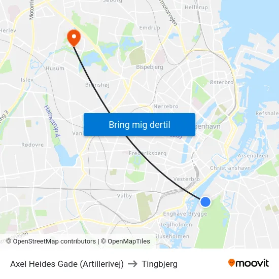 Axel Heides Gade (Artillerivej) to Tingbjerg map