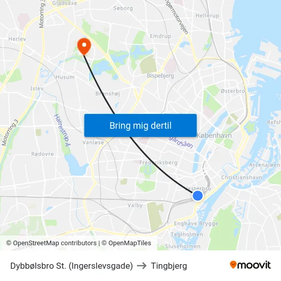 Dybbølsbro St. (Ingerslevsgade) to Tingbjerg map