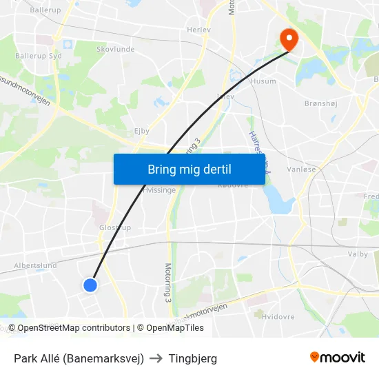 Park Allé (Banemarksvej) to Tingbjerg map