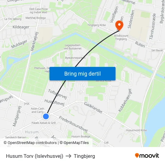 Husum Torv (Islevhusvej) to Tingbjerg map