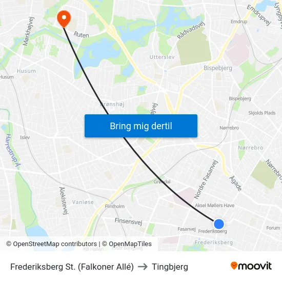 Frederiksberg St. (Falkoner Allé) to Tingbjerg map