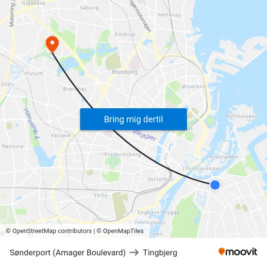 Sønderport (Amager Boulevard) to Tingbjerg map