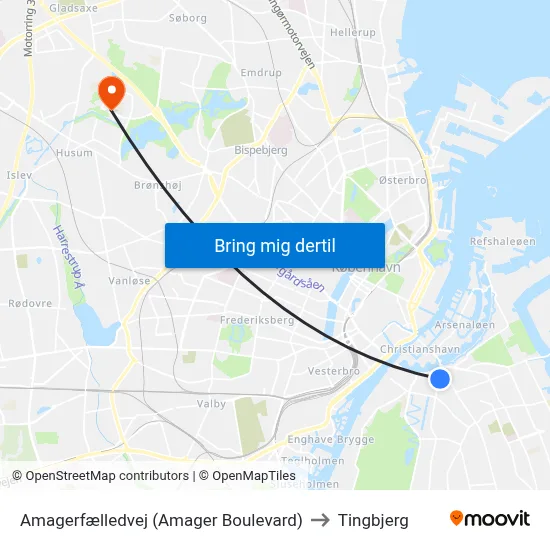 Amagerfælledvej (Amager Boulevard) to Tingbjerg map