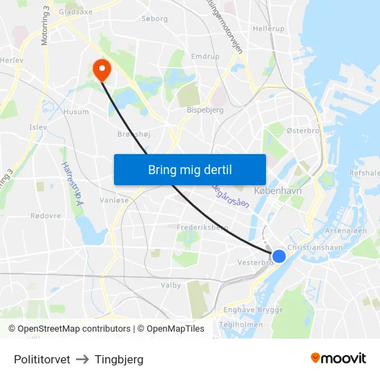 Polititorvet to Tingbjerg map