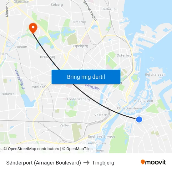 Sønderport (Amager Boulevard) to Tingbjerg map