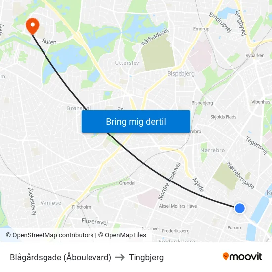 Blågårdsgade (Åboulevard) to Tingbjerg map