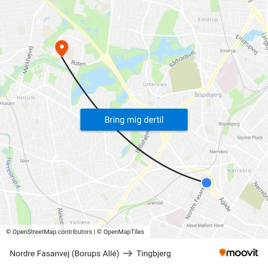 Nordre Fasanvej (Borups Allé) to Tingbjerg map