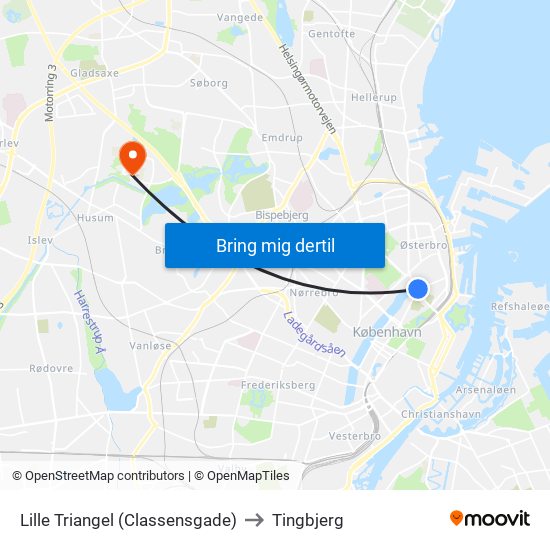 Lille Triangel (Classensgade) to Tingbjerg map