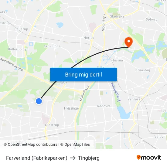 Farverland (Fabriksparken) to Tingbjerg map