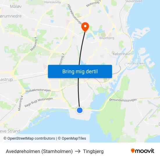 Avedøreholmen (Stamholmen) to Tingbjerg map