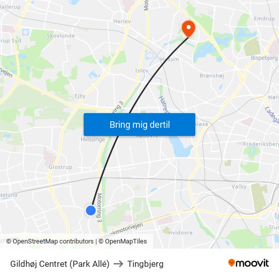 Gildhøj Centret (Park Allé) to Tingbjerg map