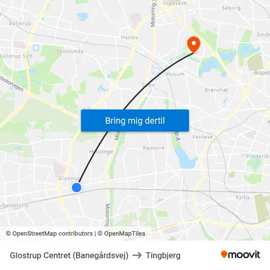 Glostrup Centret (Banegårdsvej) to Tingbjerg map