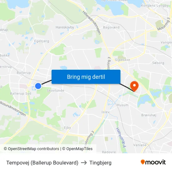 Tempovej (Ballerup Boulevard) to Tingbjerg map