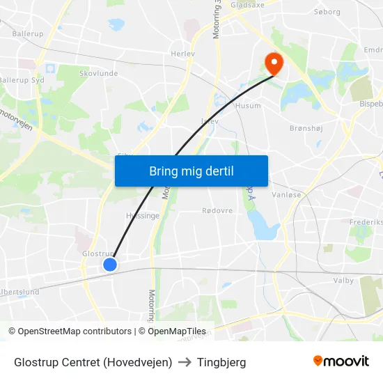 Glostrup Centret (Hovedvejen) to Tingbjerg map