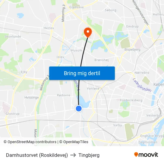 Damhustorvet (Roskildevej) to Tingbjerg map