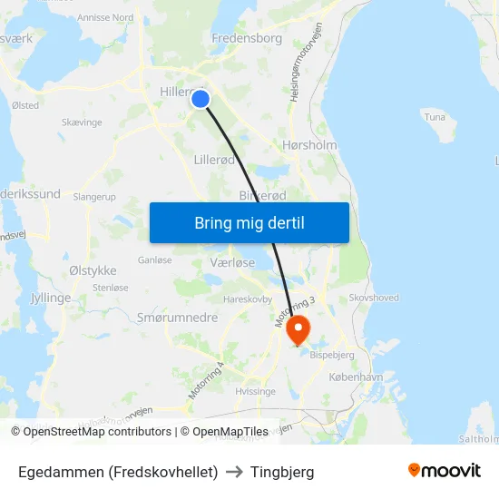Egedammen (Fredskovhellet) to Tingbjerg map