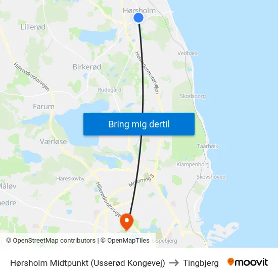 Hørsholm Midtpunkt (Usserød Kongevej) to Tingbjerg map