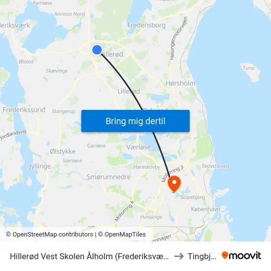 Hillerød Vest Skolen Ålholm (Frederiksværksgade) to Tingbjerg map