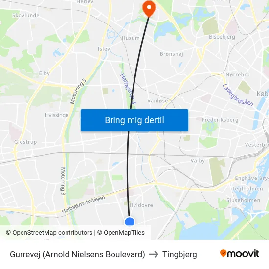 Gurrevej (Arnold Nielsens Boulevard) to Tingbjerg map