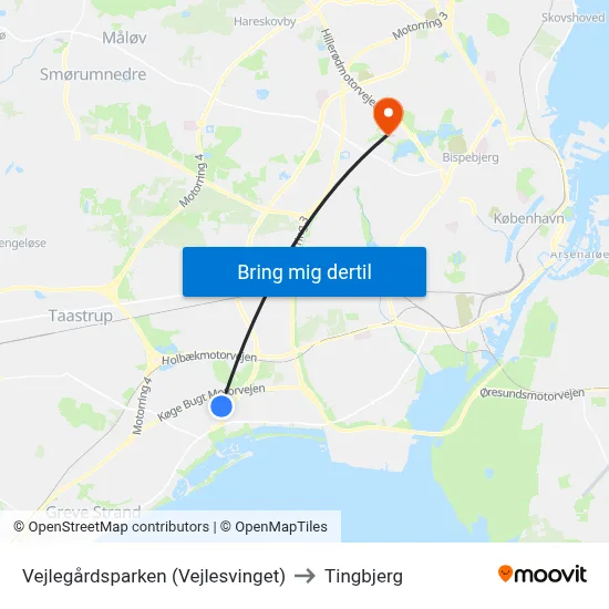 Vejlegårdsparken (Vejlesvinget) to Tingbjerg map