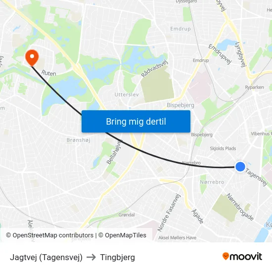 Jagtvej (Tagensvej) to Tingbjerg map