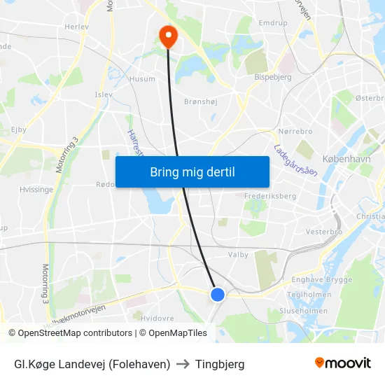 Gl.Køge Landevej (Folehaven) to Tingbjerg map
