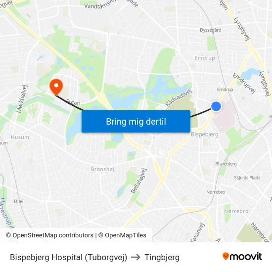 Bispebjerg Hospital (Tuborgvej) to Tingbjerg map