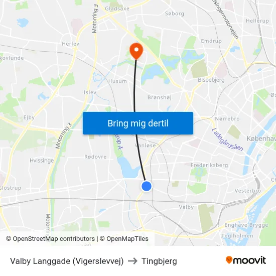 Valby Langgade (Vigerslevvej) to Tingbjerg map