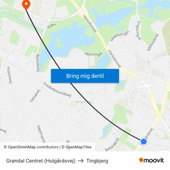 Grøndal Centret (Hulgårdsvej) to Tingbjerg map