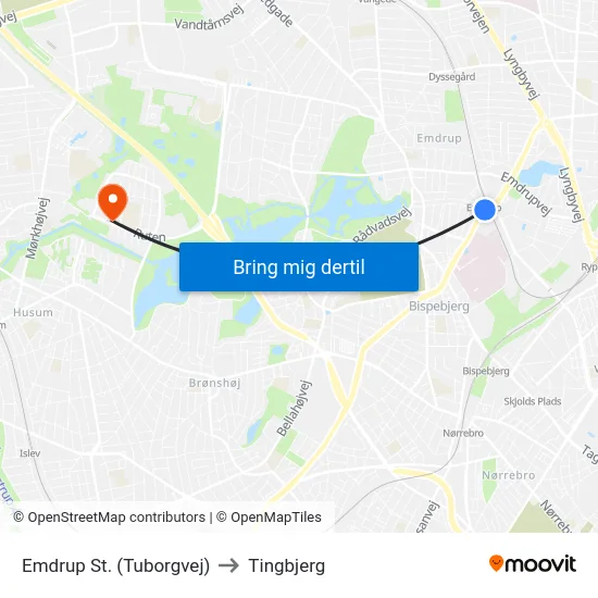 Emdrup St. (Tuborgvej) to Tingbjerg map
