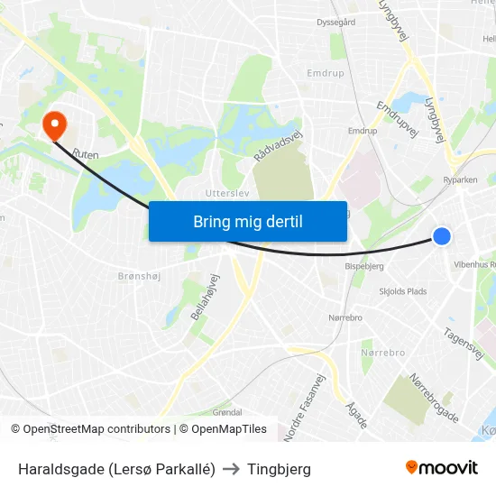 Haraldsgade (Lersø Parkallé) to Tingbjerg map