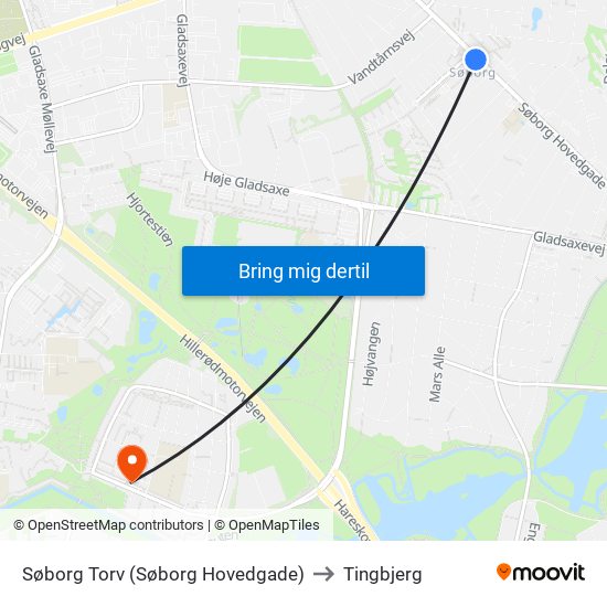 Søborg Torv (Søborg Hovedgade) to Tingbjerg map