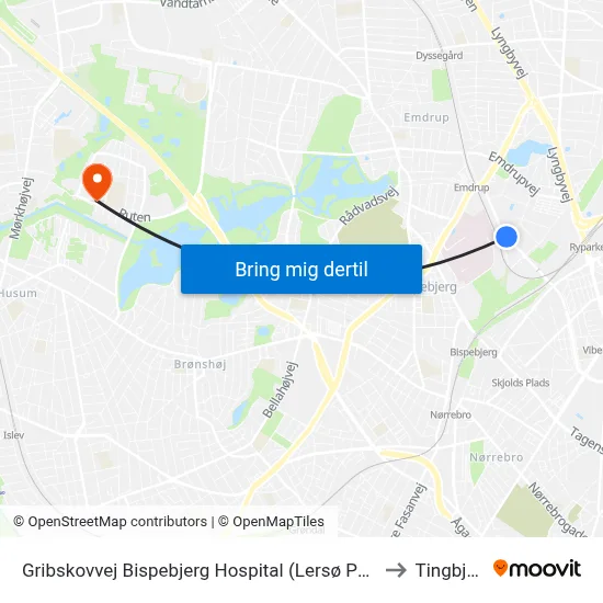 Gribskovvej Bispebjerg Hospital (Lersø Parkallé) to Tingbjerg map