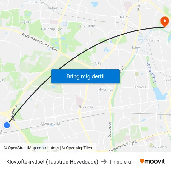 Klovtoftekrydset (Taastrup Hovedgade) to Tingbjerg map