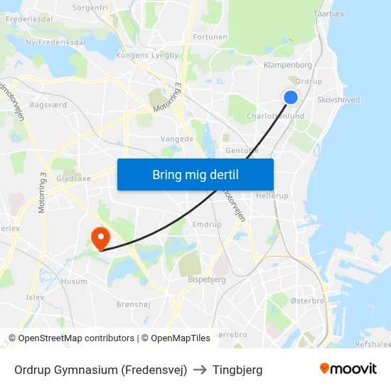Ordrup Gymnasium (Fredensvej) to Tingbjerg map