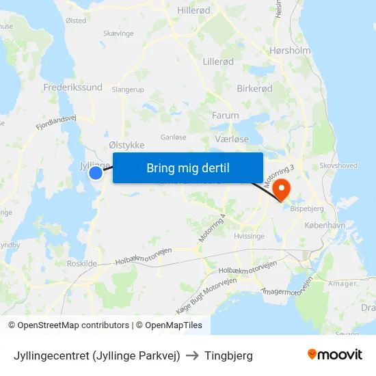 Jyllingecentret (Jyllinge Parkvej) to Tingbjerg map