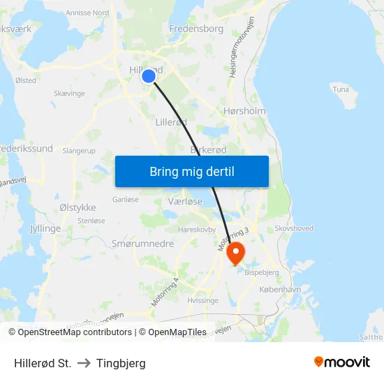 Hillerød St. to Tingbjerg map
