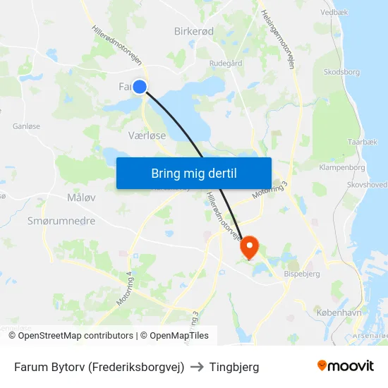 Farum Bytorv (Frederiksborgvej) to Tingbjerg map